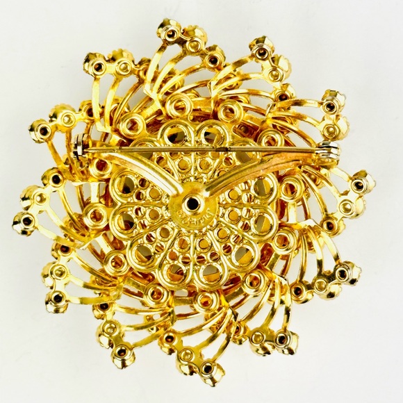 VTG Judy Lee Pinwheel Wreath Sapphire Blue Glass Rhinestone Gold Plated Brooch - Picture 15 of 16